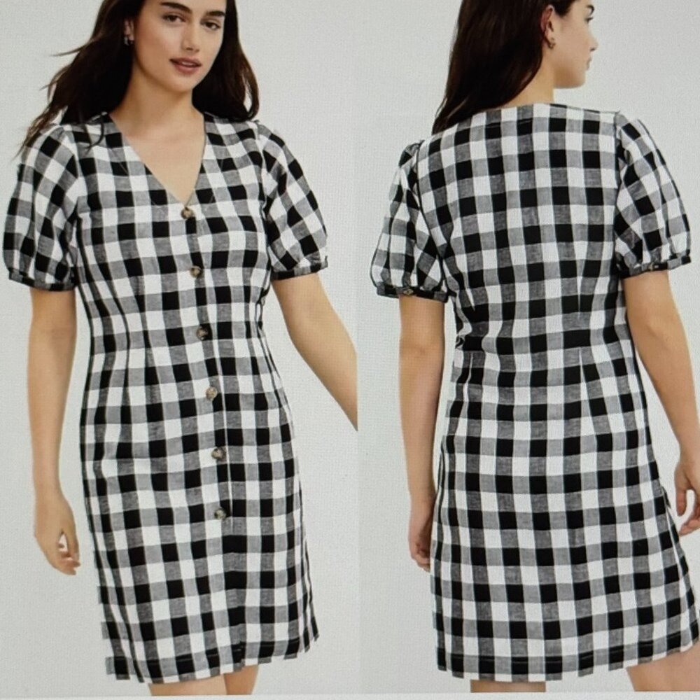 LOFT Black White Buffalo Check Plaid Linen Button Front Shirt Dress Size 2